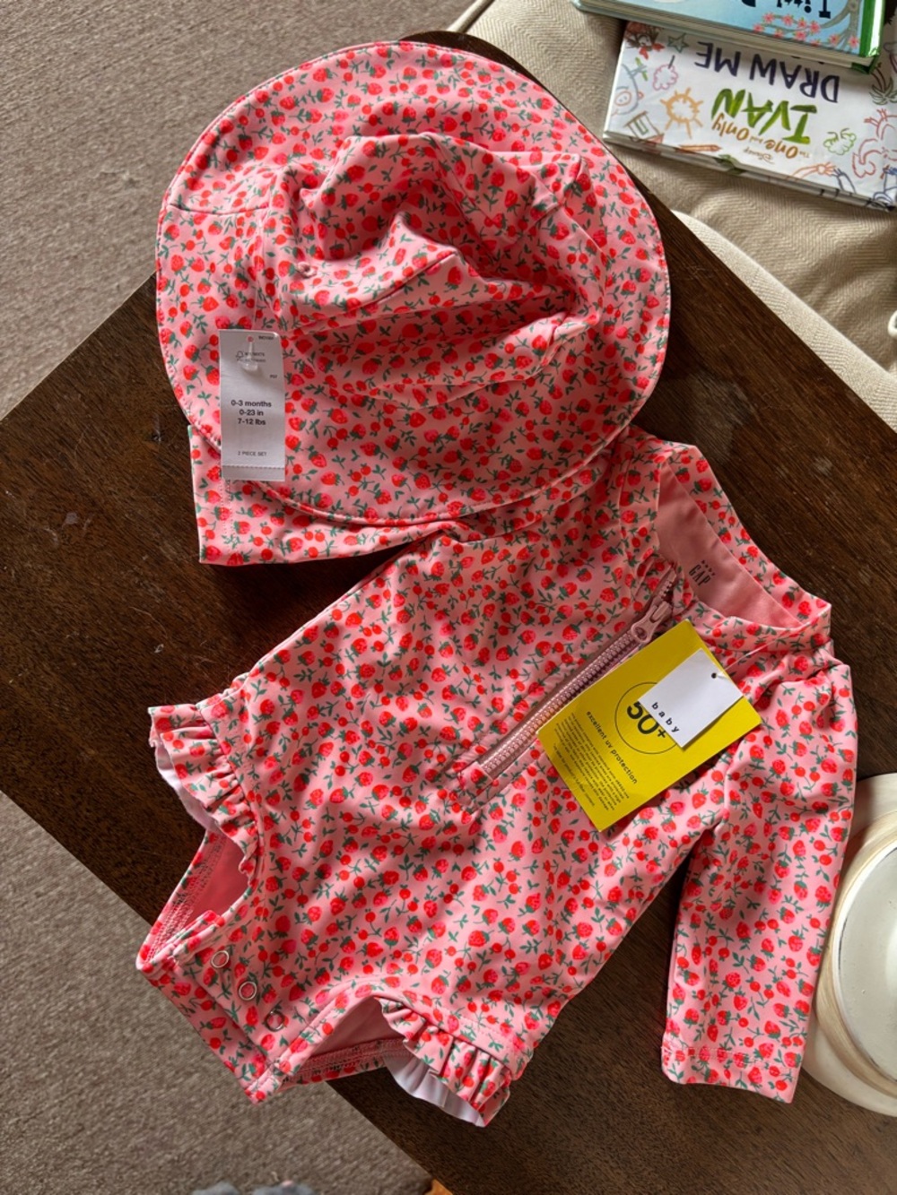 NWT Baby Girls' Pink Strawberry Print Sun Hat & Swim Onesie Set